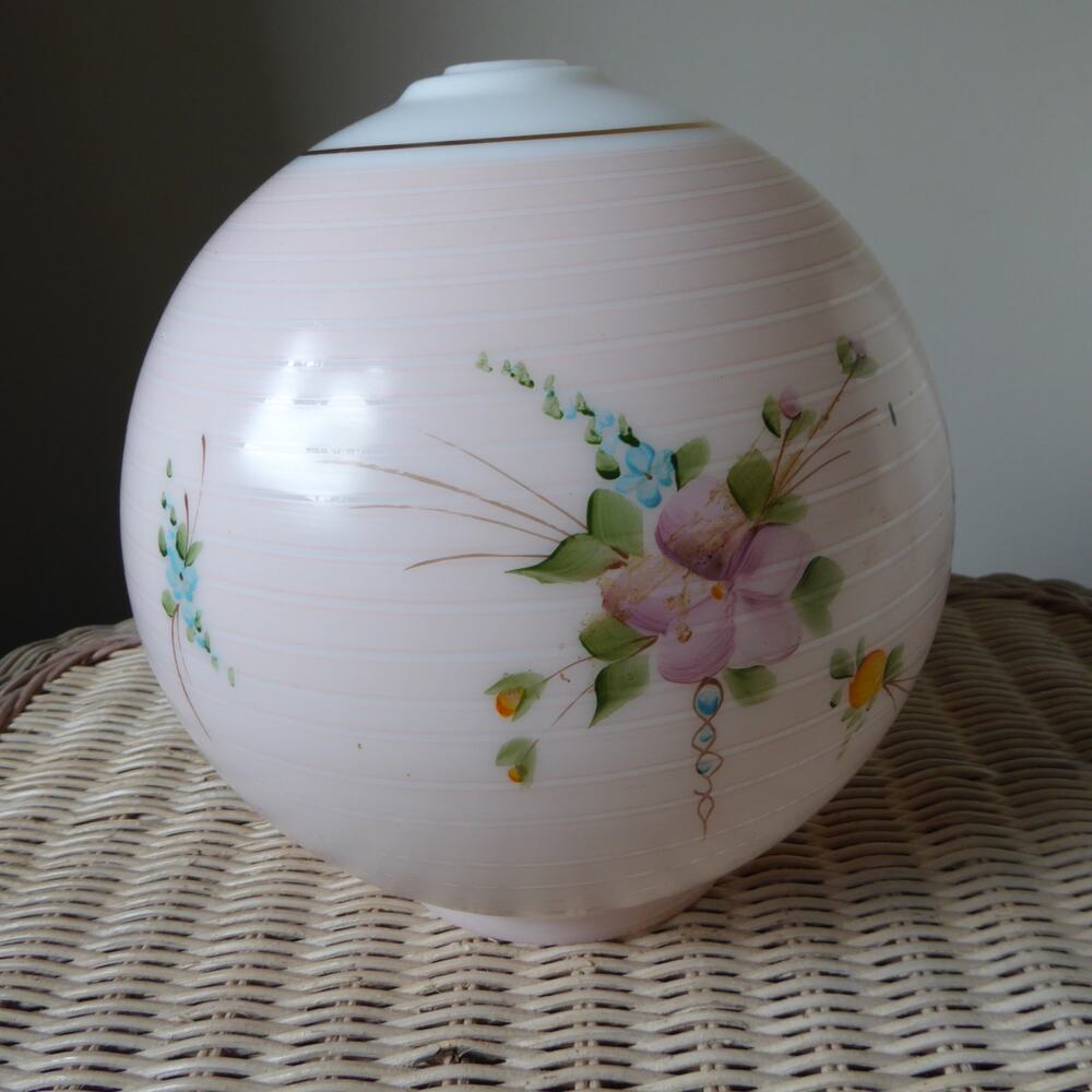 Antique Hand Painted Oil Lamp Globe Ball Lamp Shade 8” Tall 9” Dia 4” Base Rim